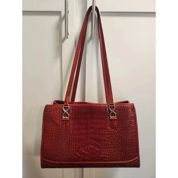 Vintage Brighton Croc Embossed Patent Double-Heart Structured Shoulder Bag - Picture 1 of 15